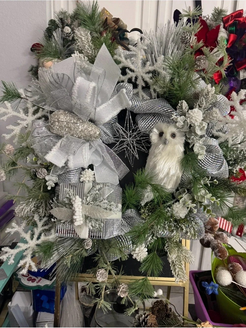 Silver Glitter Pinecone and Snow Owl Holiday Wreath Accent with Lights
